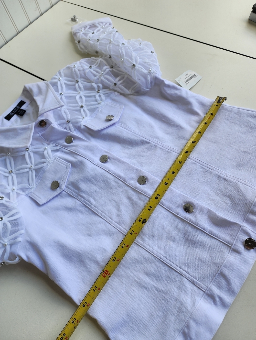 NWT AZI "Renee" White Denim JacketLace Sheer Sleeves Stretch Sz M - Picture 12 of 16